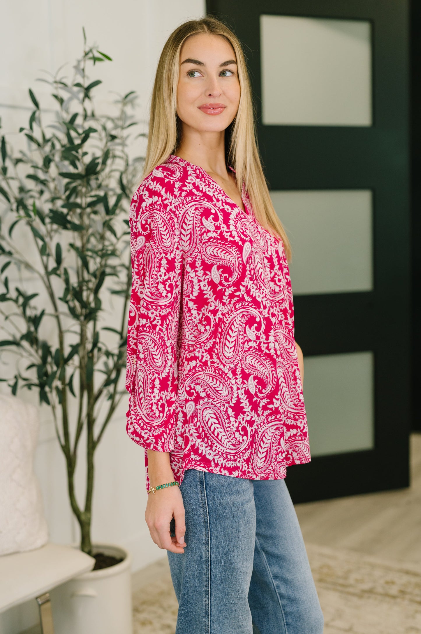Lizzy Top in Pink Paisley boutique top at Mollie Mae Boutique