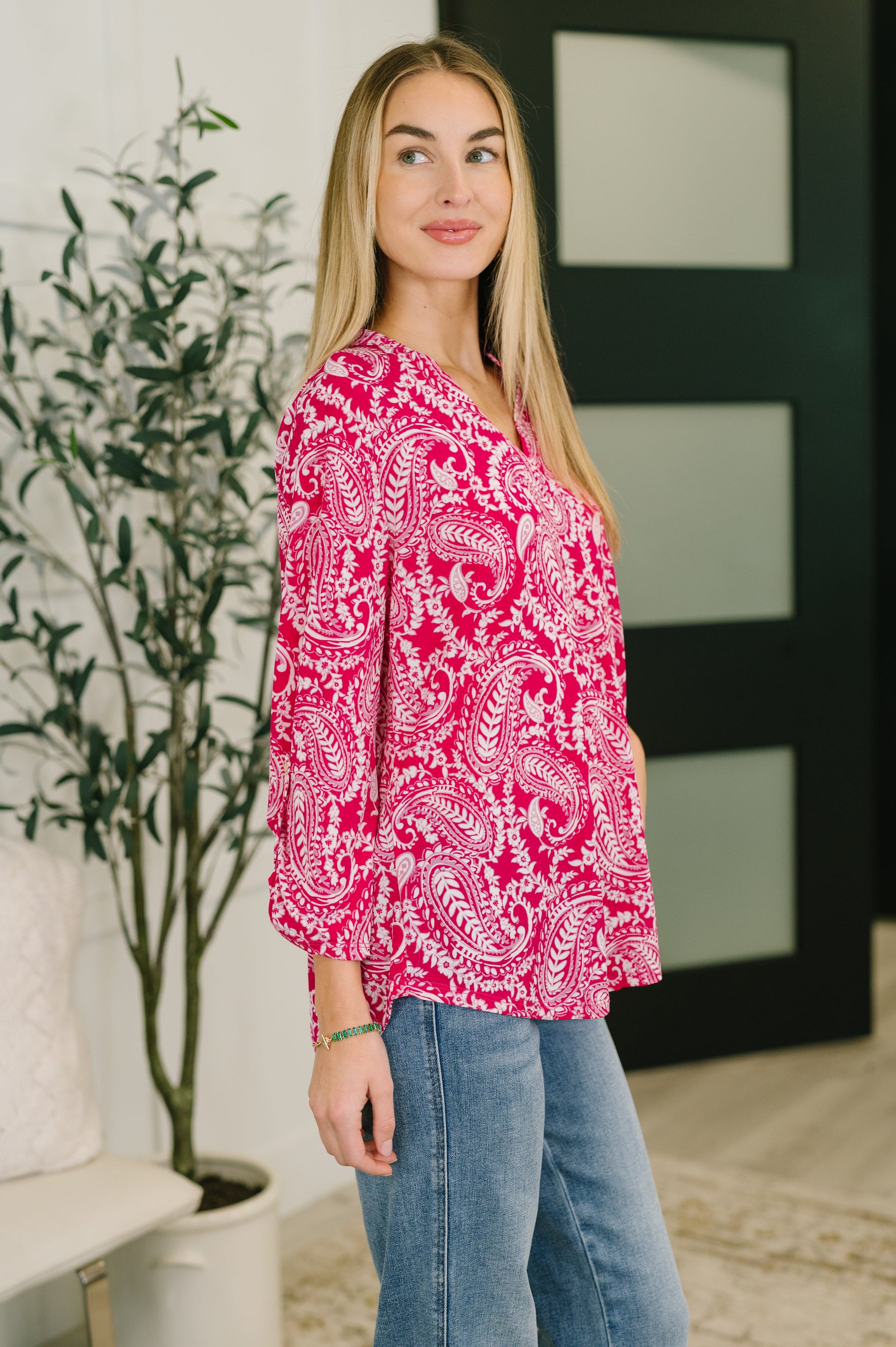 Lizzy Top in Pink Paisley boutique top at Mollie Mae Boutique