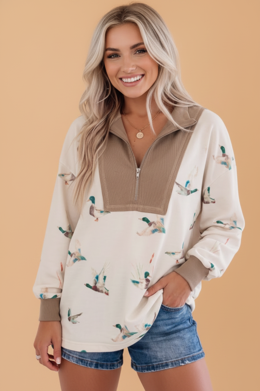 Beige mallard print ribbed half-zip long sleeve top with colorblock boutique styling