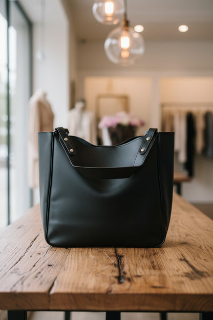 Black leather tote bag on a white background