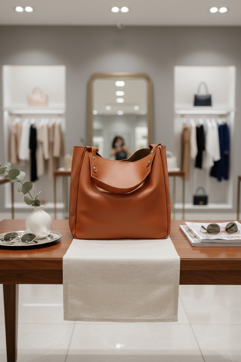 Brown leather tote bag on a light gray background