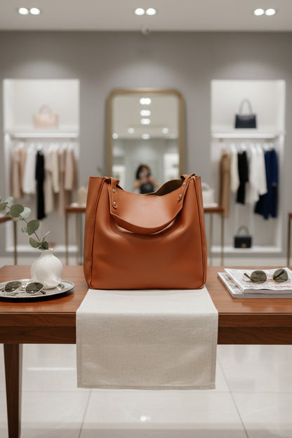 Brown leather tote bag on a light gray background