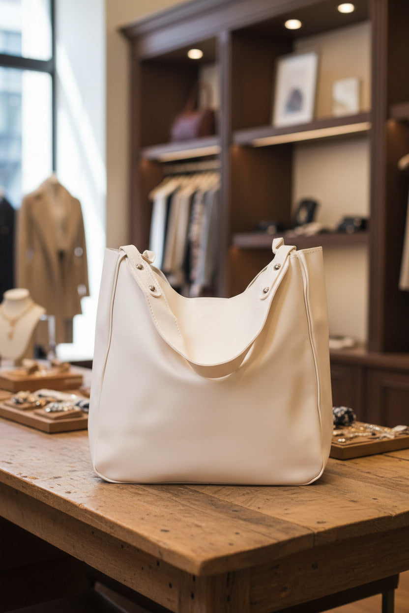 Beige tote bag with studded details on a white background