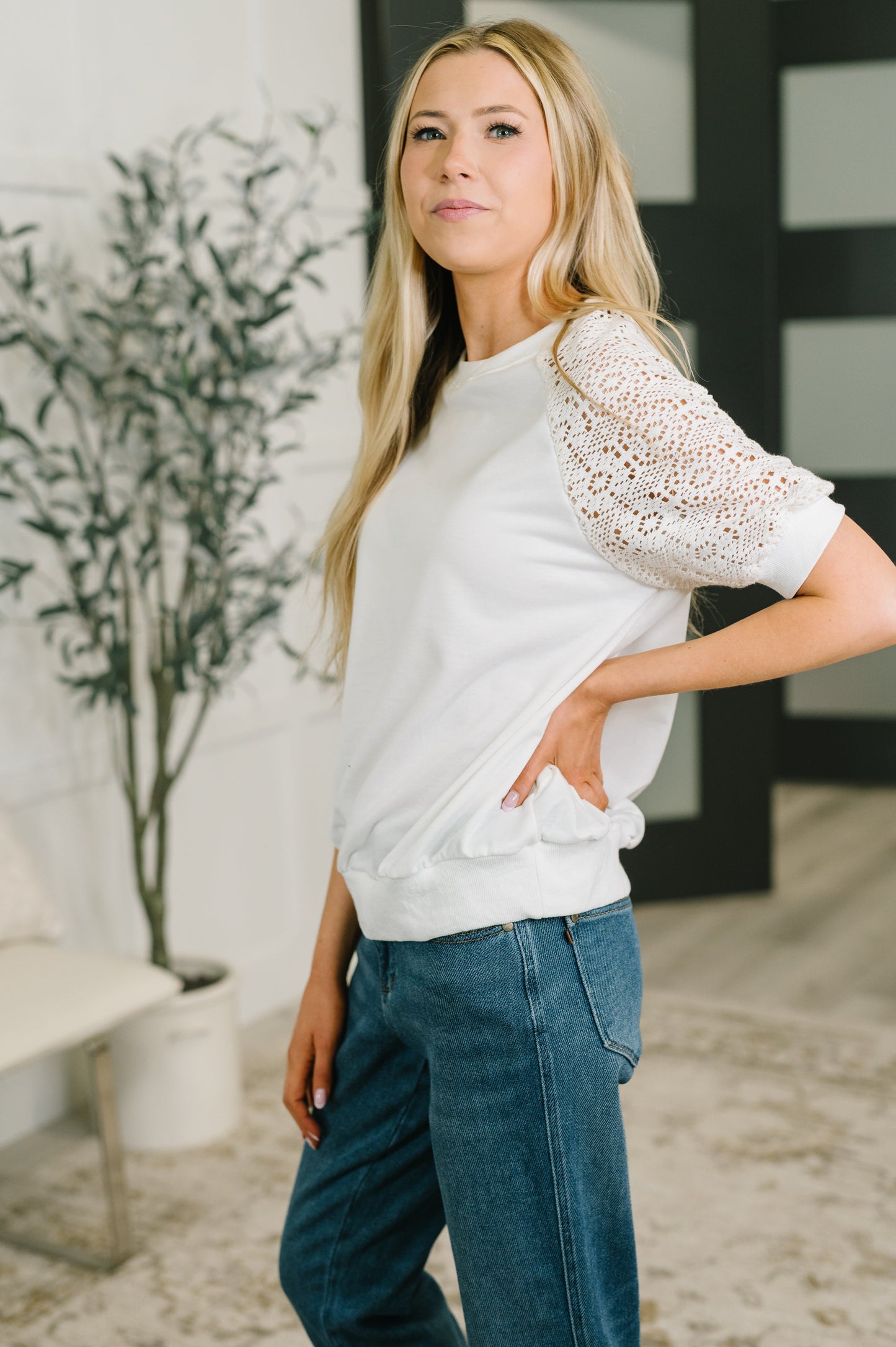 multiple colors Never Too Lace Raglan Crochet Sleeve Top with soft French terry, crochet sleeves, and comfortable stretch, boutique fashion