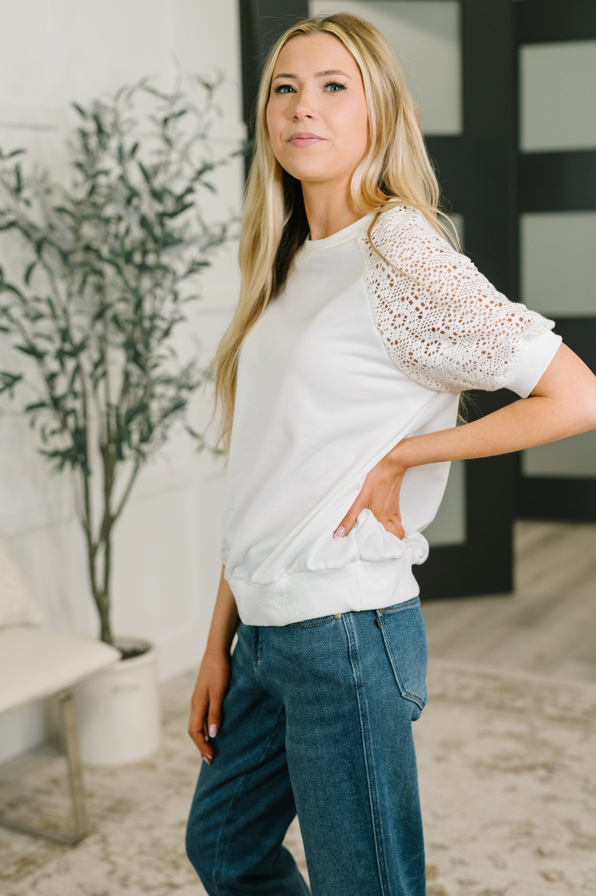 multiple colors Never Too Lace Raglan Crochet Sleeve Top with soft French terry, crochet sleeves, and comfortable stretch, boutique fashion