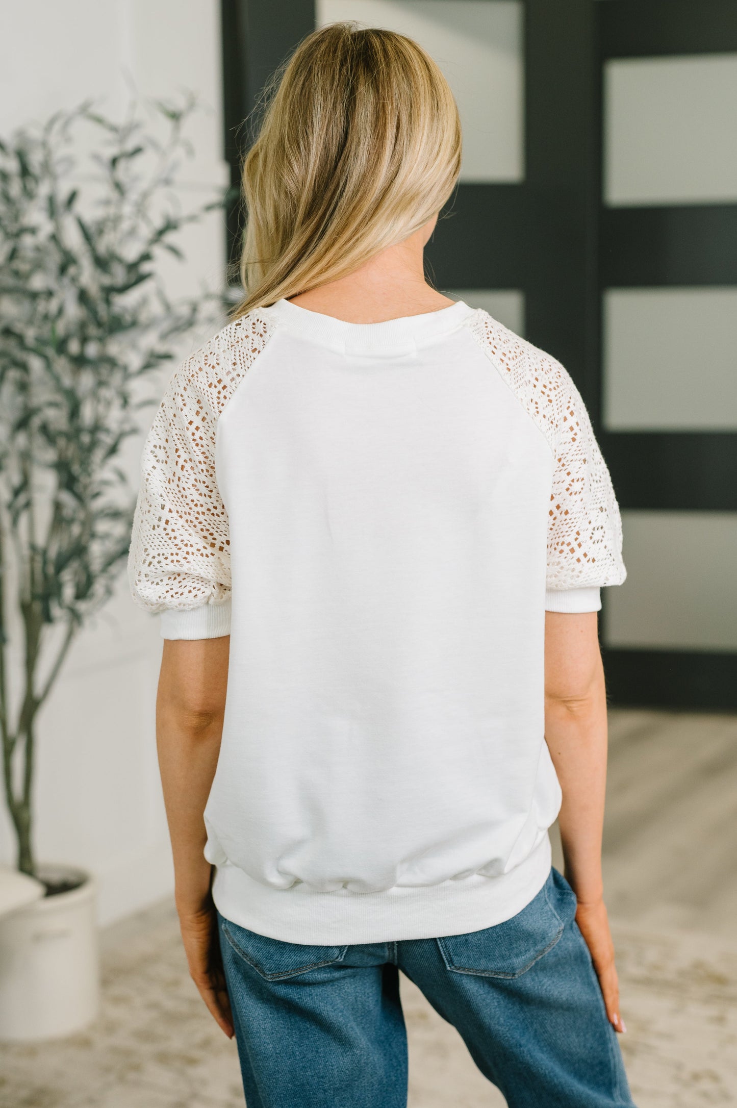 multiple colors Never Too Lace Raglan Crochet Sleeve Top with soft French terry, crochet sleeves, and comfortable stretch, boutique fashion