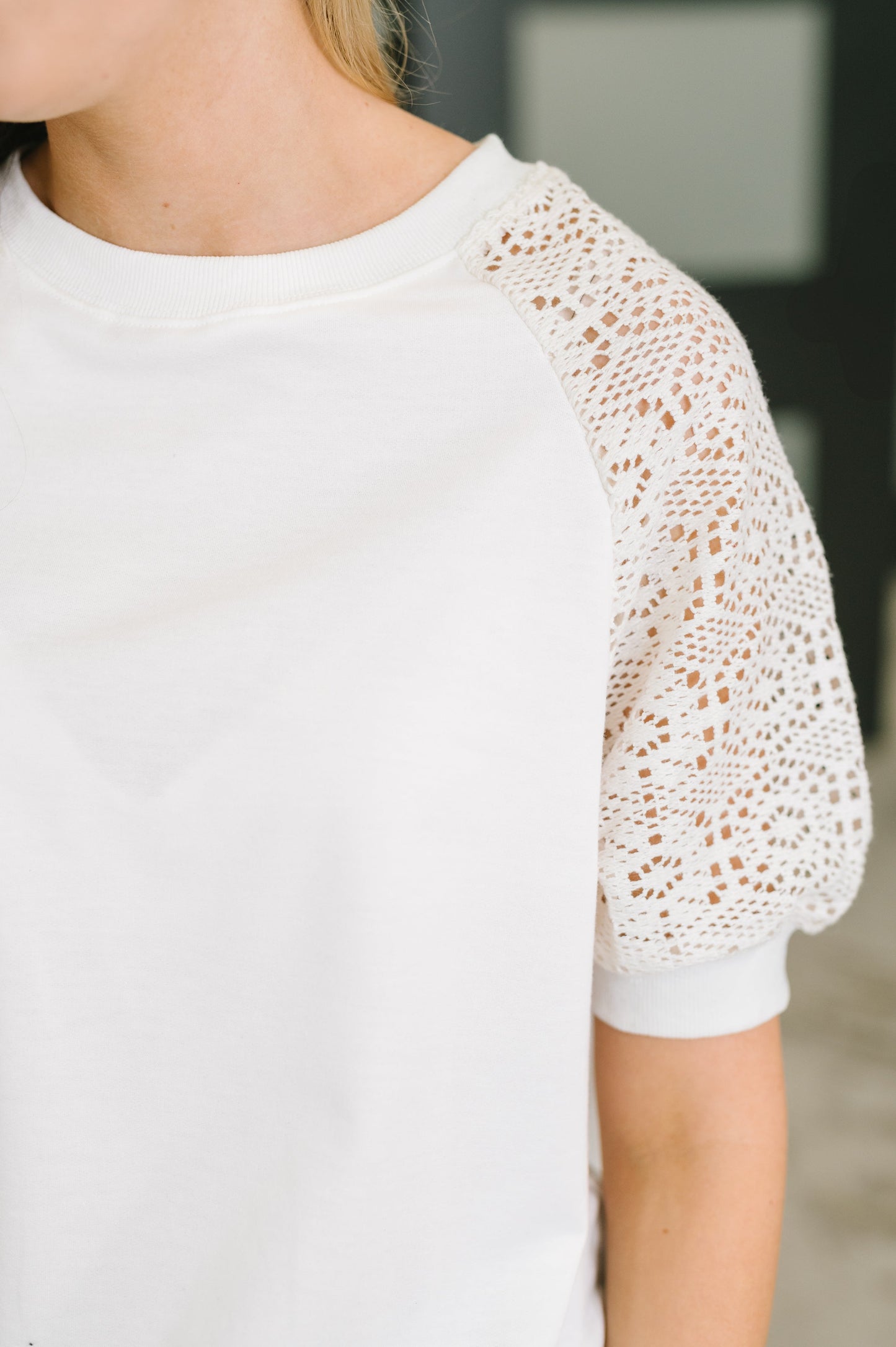 multiple colors Never Too Lace Raglan Crochet Sleeve Top with soft French terry, crochet sleeves, and comfortable stretch, boutique fashion
