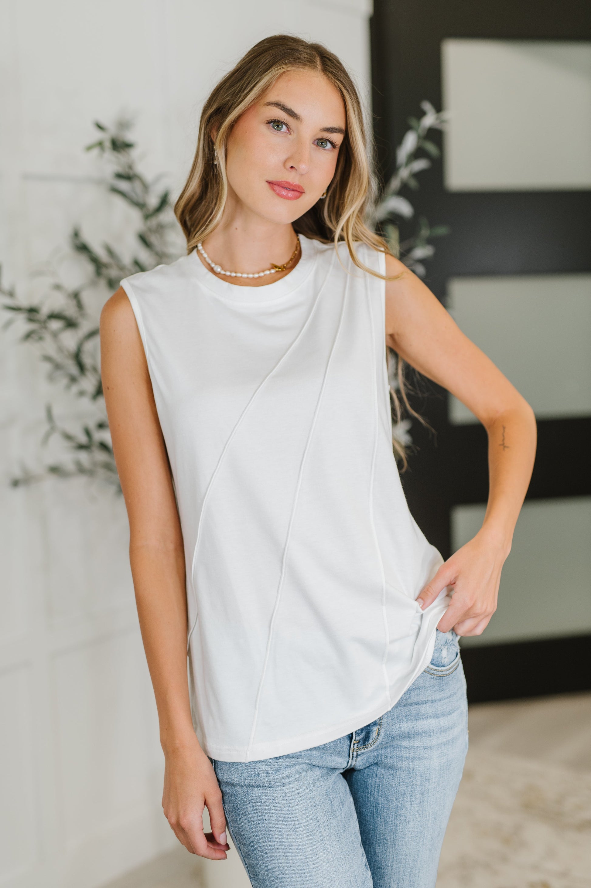 New Normal Pleat Detail Sleeveless Top in White boutique fashion by Mollie Mae Boutique