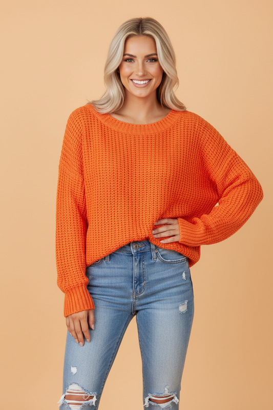 Orange orange chunky ribbed knit crew neck sweater with boutique fashion styling