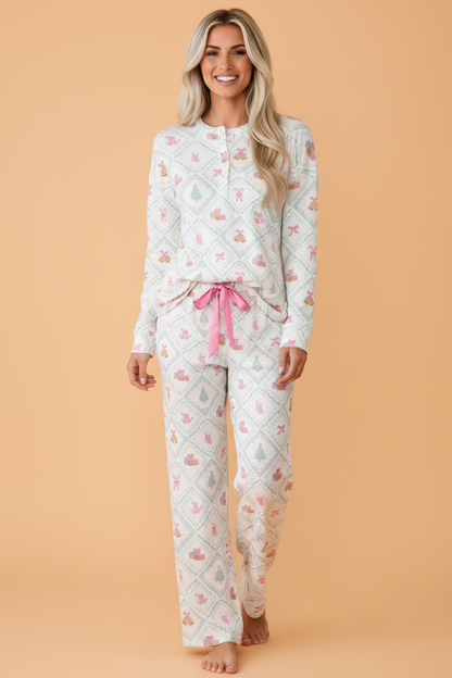 Christmas Patchwork Henley Top & Pant Pajama Set in White