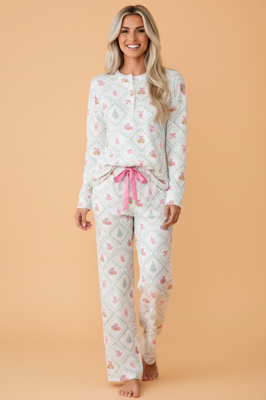 Christmas Patchwork Henley Top & Pant Pajama Set in White