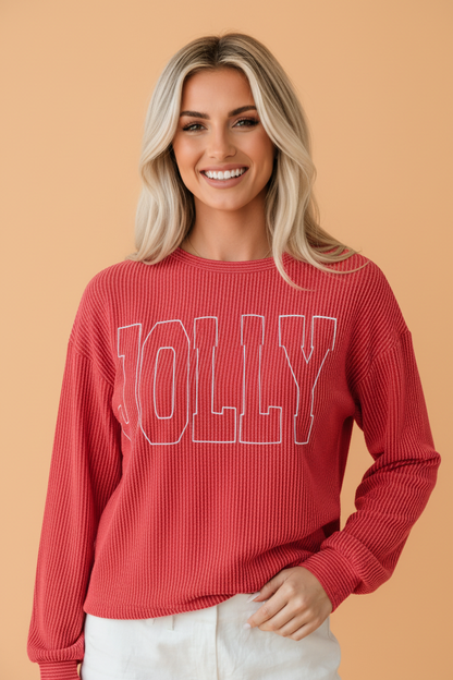 evergreen MERRY JOLLY Christmas long sleeve corded boutique top