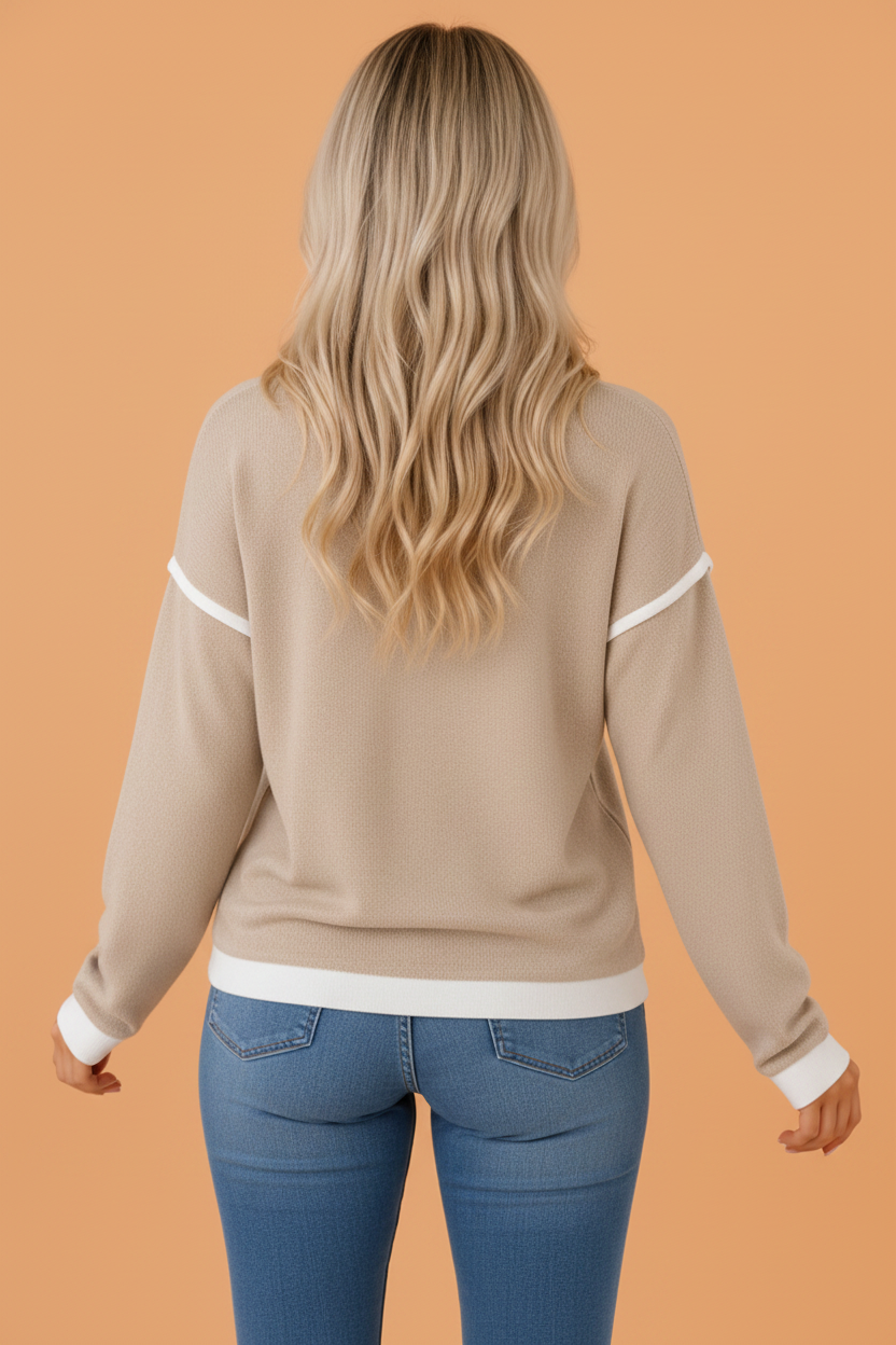 Beige contrast trim drop shoulder long sleeve knit top with boutique fashion styling