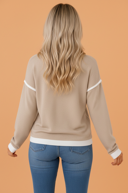 Beige contrast trim drop shoulder long sleeve knit top with boutique fashion styling