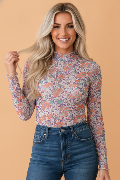 Blue Floral Mesh Long Sleeve Mock Neck Top with floral detail and mesh texture women's boutique fashion