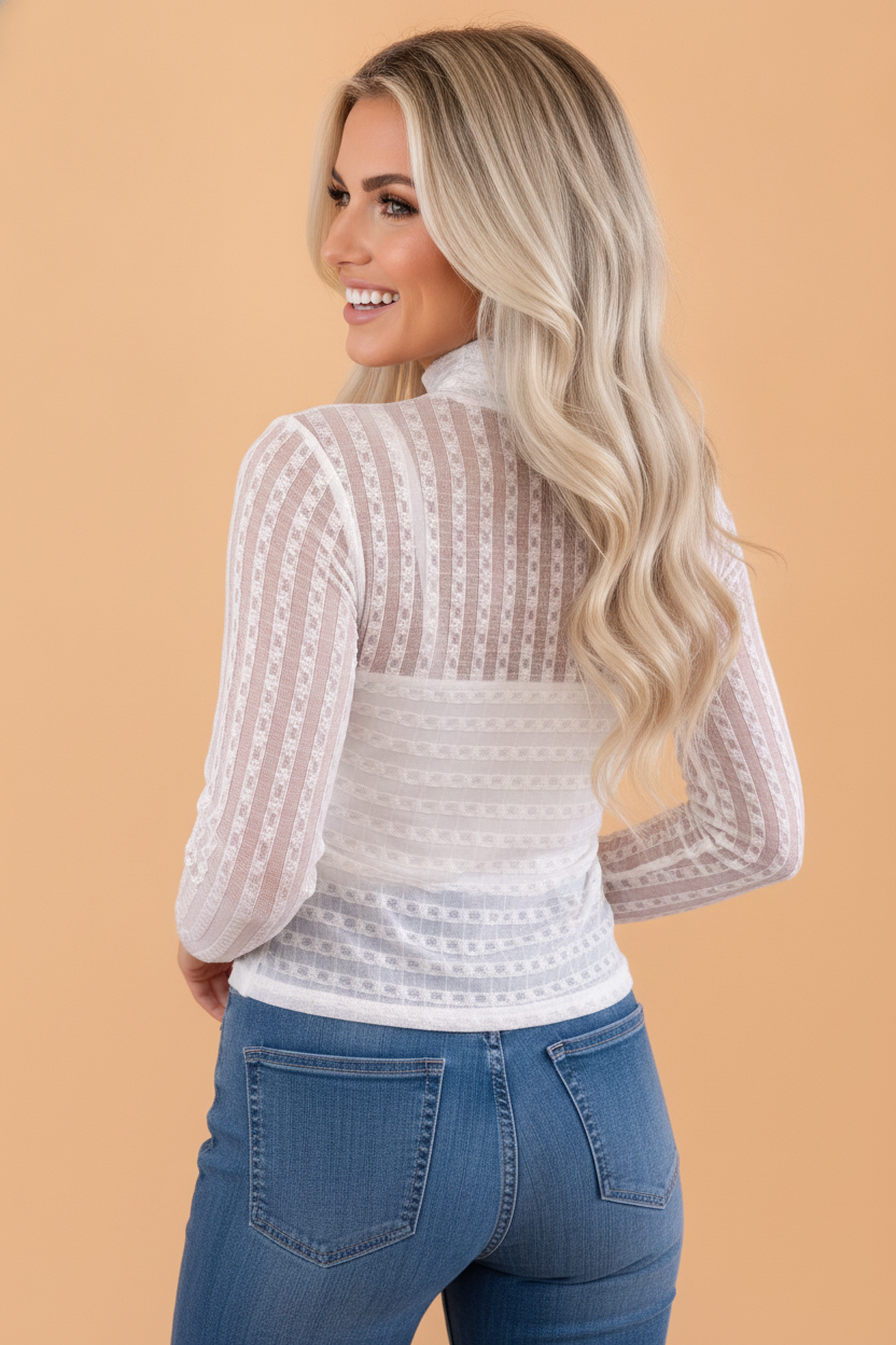 Beige Sheer Textured Lace High Neck Long Sleeve Top with sheer lace women's boutique fashion