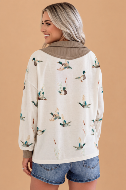 Beige mallard print ribbed half-zip long sleeve top with colorblock boutique styling