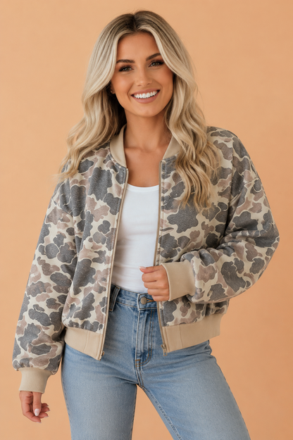 Camo Camo Colorblock Trim Zip Up Bomber Sweatshirt with camo print and colorblock detail women's boutique fashion