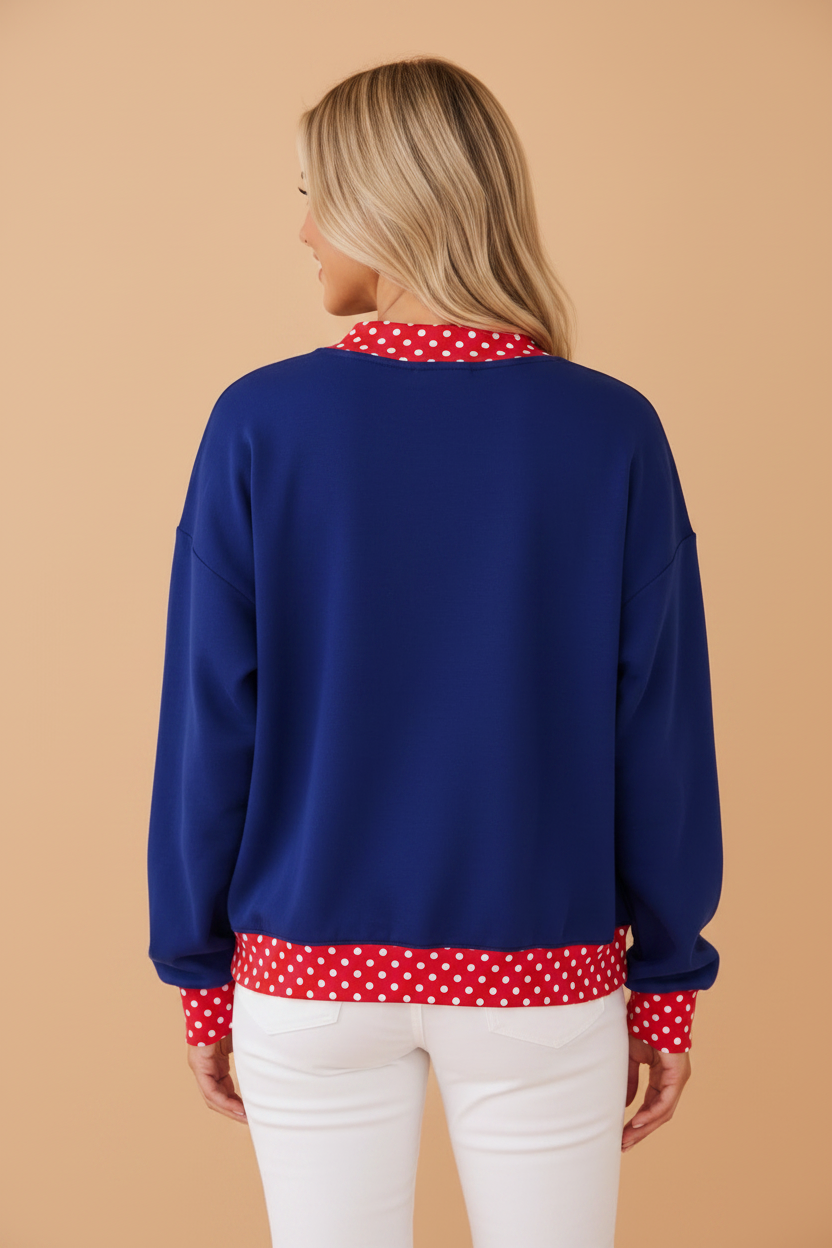 Racing Red Polka Dot Contrast Trim Mock Neck Sweatshirt with mock neck women's boutique fashion