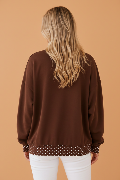 Dusty Blue Polka Dot Contrast Trim Mock Neck Sweatshirt with mock neck women's boutique fashion