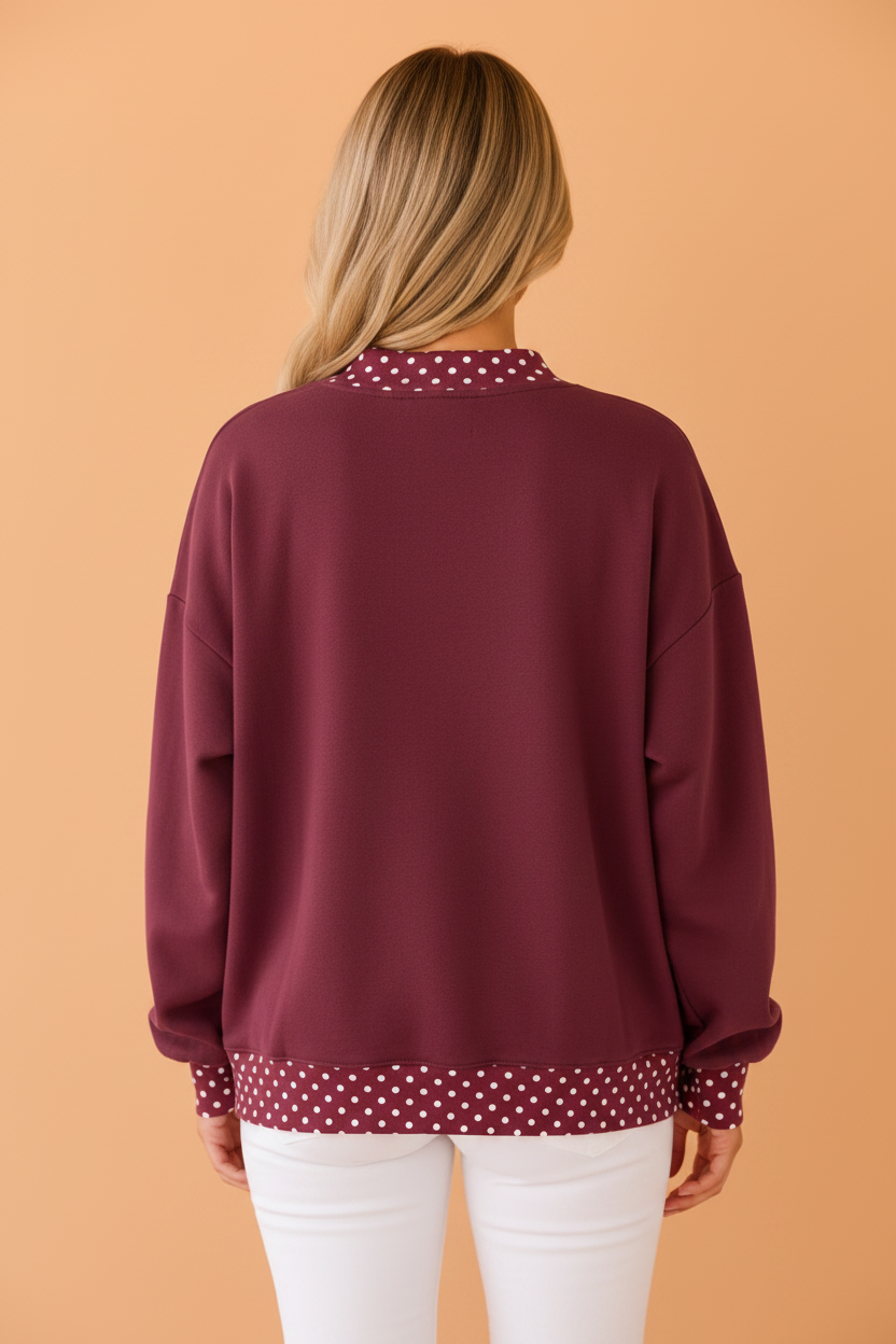 Burgundy Polka Dot Contrast Trim Mock Neck Sweatshirt with mock neck women's boutique fashion
