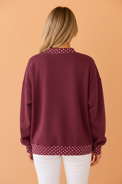 Burgundy Polka Dot Contrast Trim Mock Neck Sweatshirt with mock neck women's boutique fashion