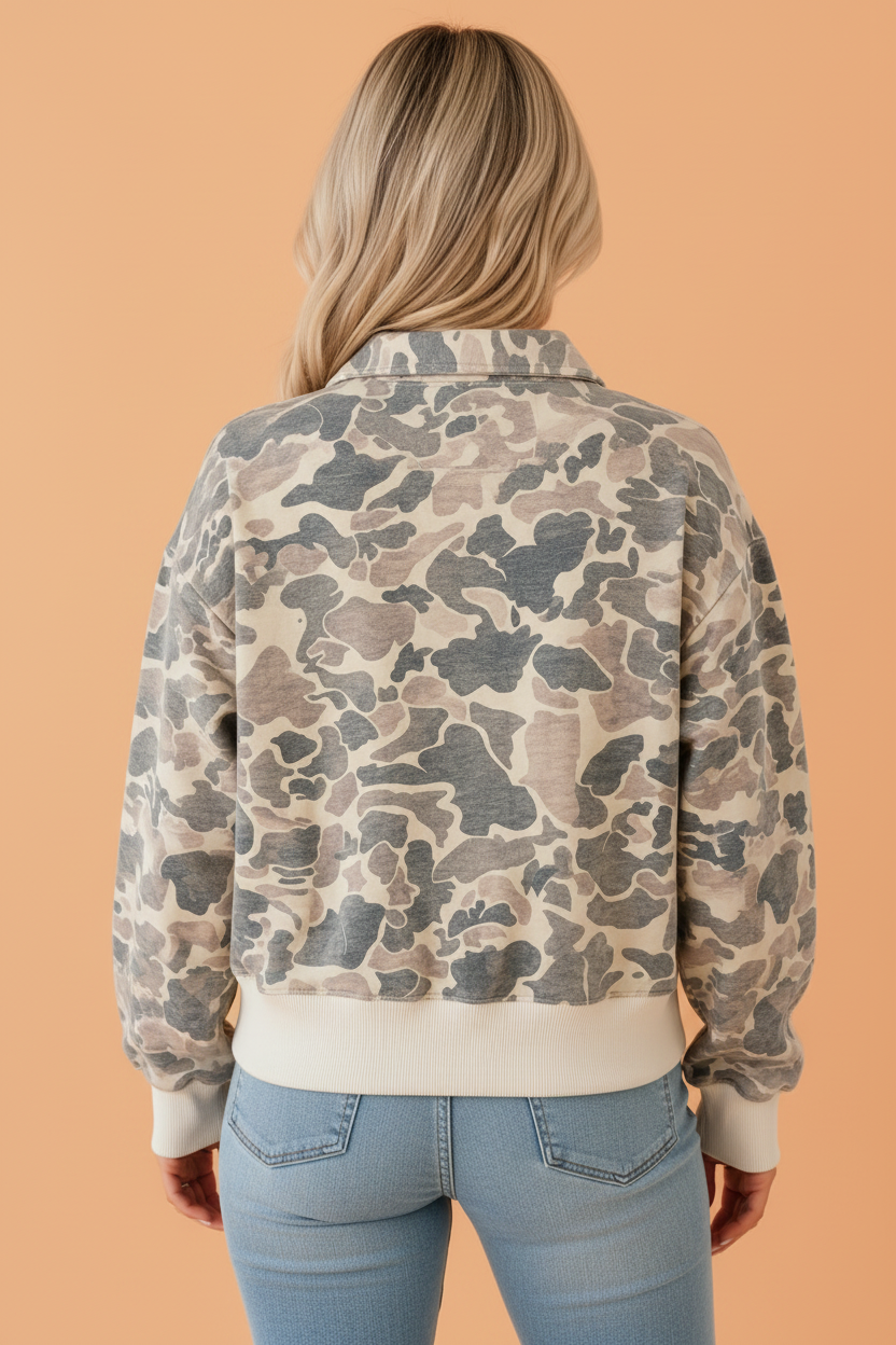 Camo Camo Ribbed Contrast Trim Buttoned Collar Sweatshirt with camo print women's boutique fashion