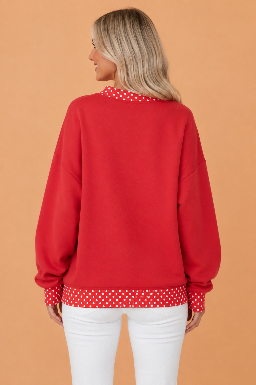 Holiday letter patch mock neck sweatshirt with polka dot trim and oversized fit, festive women’s boutique style