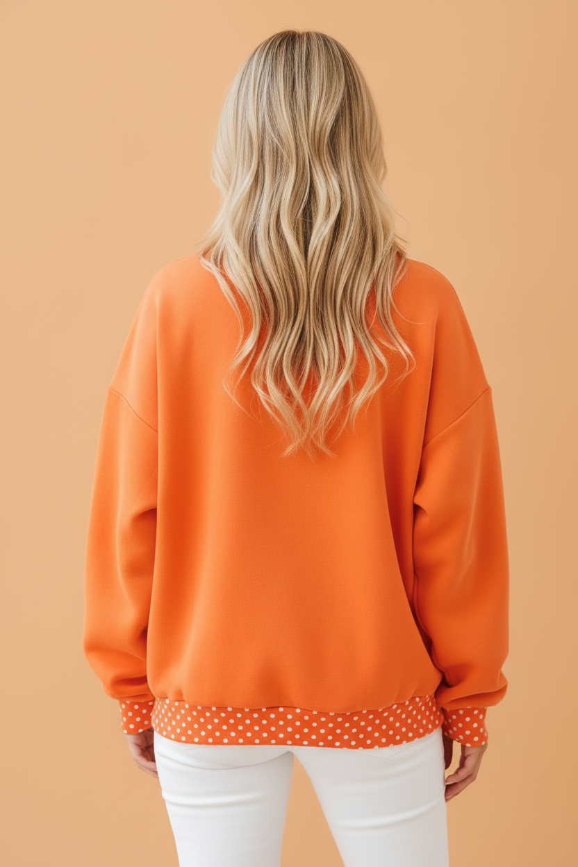 Grapefruit orange Halloween Boo patch mock neck sweatshirt with polka dot trim and relaxed tunic fit, boutique fall style