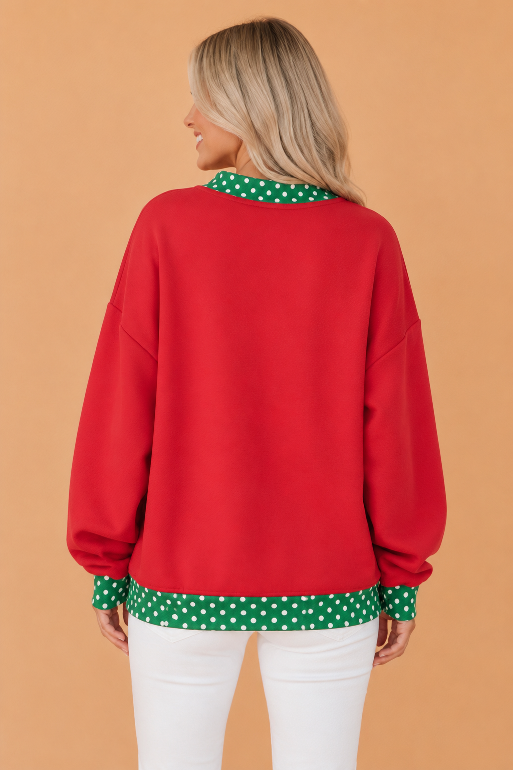 Holiday letter patch mock neck sweatshirt with polka dot trim and oversized fit, festive women’s boutique style