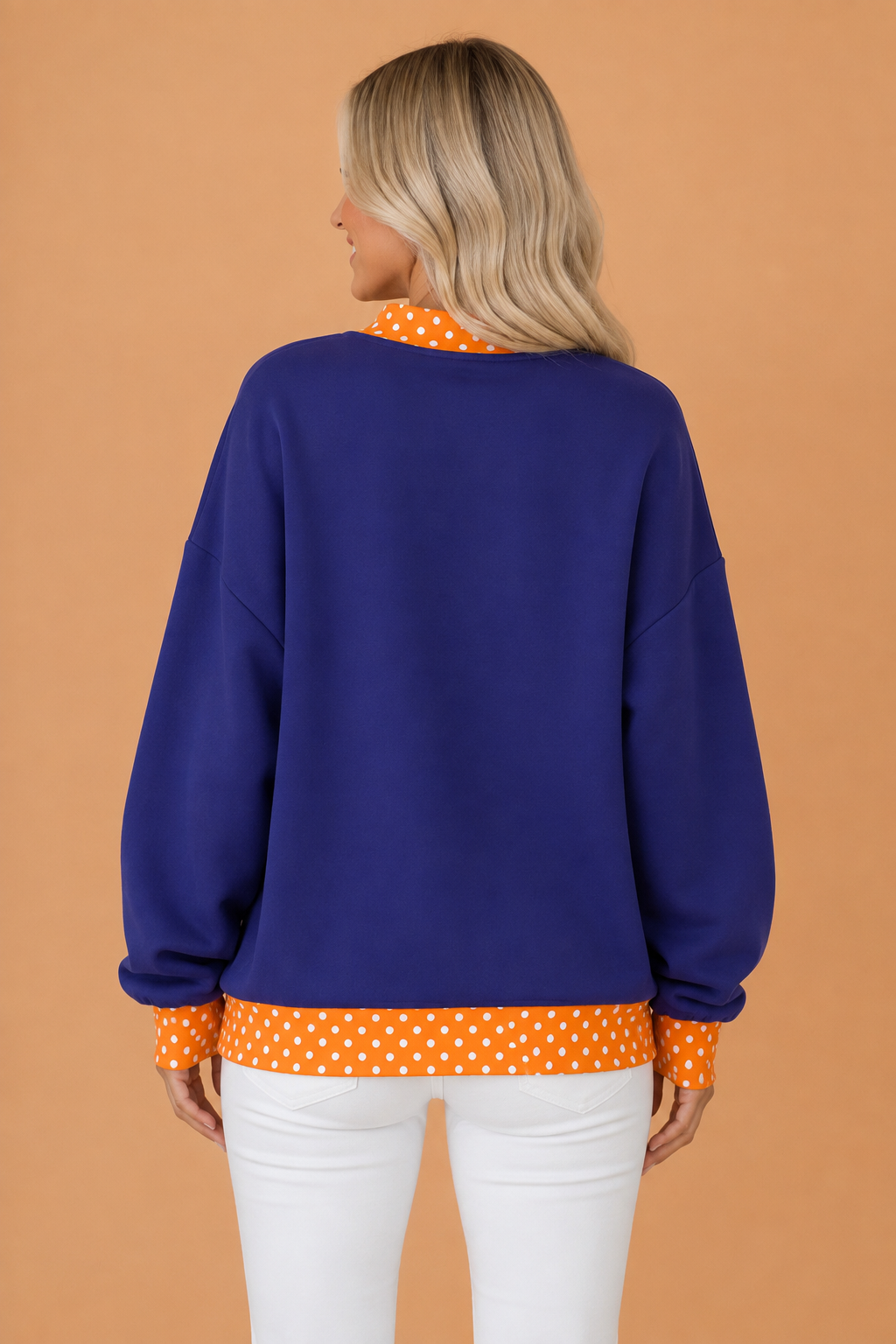 Holiday letter patch mock neck sweatshirt with polka dot trim and oversized fit, festive women’s boutique style