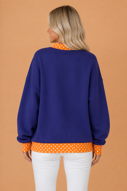 Holiday letter patch mock neck sweatshirt with polka dot trim and oversized fit, festive women’s boutique style