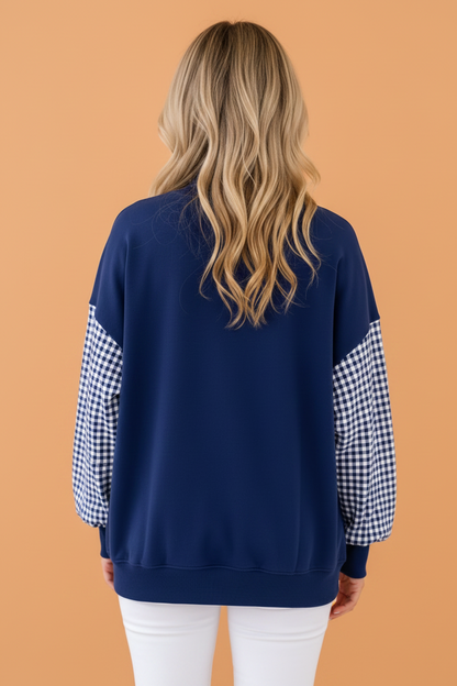 Fiery Red Gingham Colorblock Mock Neck Long Sleeve Sweatshirt with gingham detail and colorblock detail women's boutique fashion