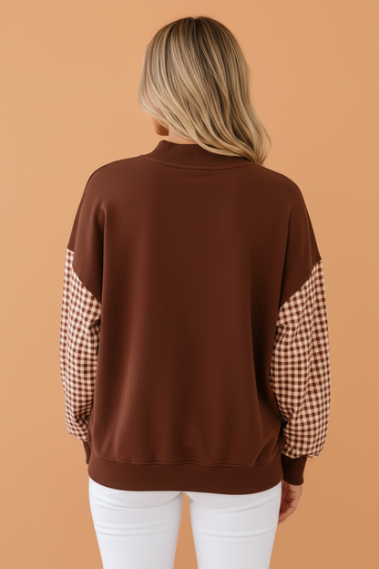 Dusty Blue Gingham Colorblock Mock Neck Long Sleeve Sweatshirt with gingham detail and colorblock detail women's boutique fashion