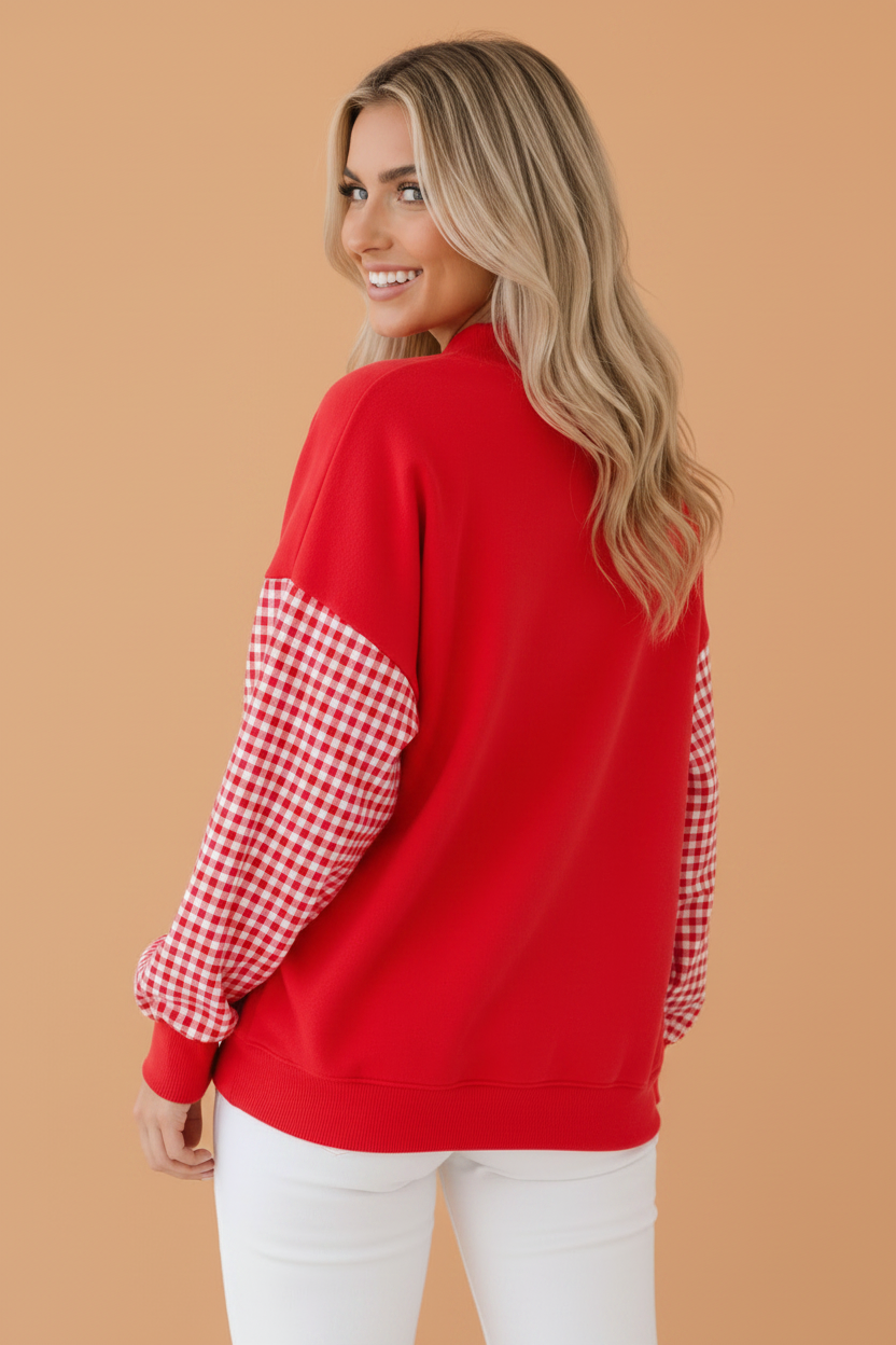 Dusty Blue Gingham Colorblock Mock Neck Long Sleeve Sweatshirt with gingham detail and colorblock detail women's boutique fashion