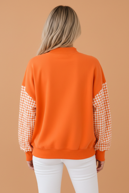 Fiery Red Gingham Colorblock Mock Neck Long Sleeve Sweatshirt with gingham detail and colorblock detail women's boutique fashion