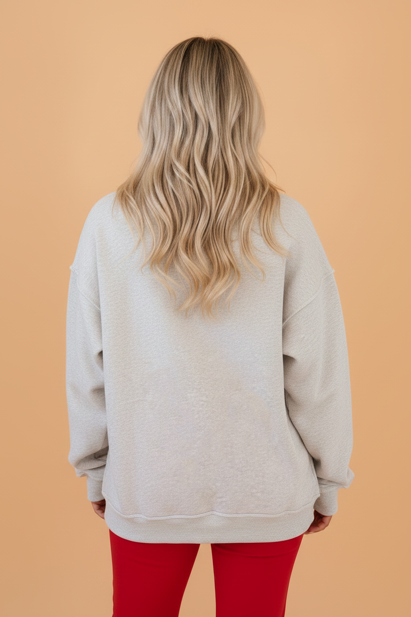 Gray Saved By Grace Embroidered Graphic Mock Neck Sweatshirt with embroidered detail and mock neck women's boutique fashion
