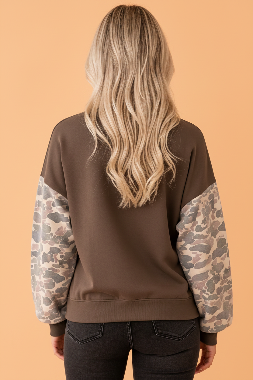 Coffee camo patchwork sleeve drop shoulder crewneck sweatshirt with casual boutique styling