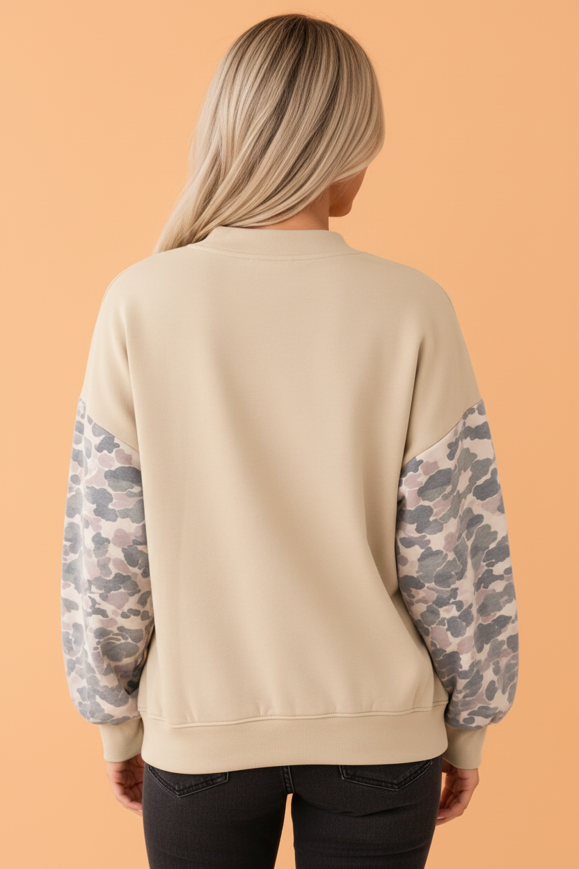 Coffee camo patchwork sleeve drop shoulder crewneck sweatshirt with casual boutique styling
