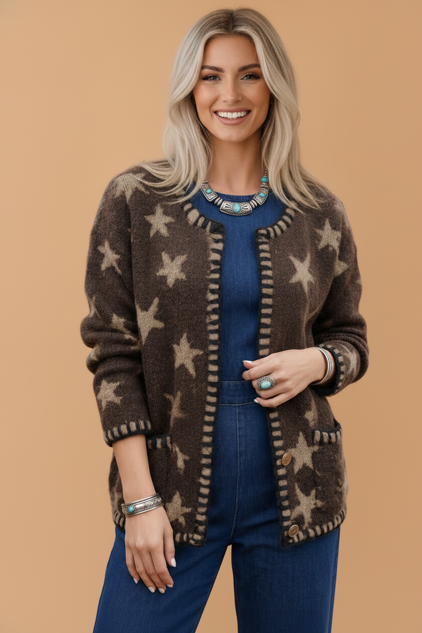 Brown Star Stripe Trim Long Sleeve Open Front Cardigan women's boutique fashion