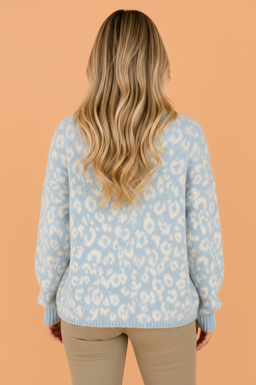 Light Blue Leopard Long Sleeve Open Front V-Neck Cardigan with leopard print women's boutique fashion