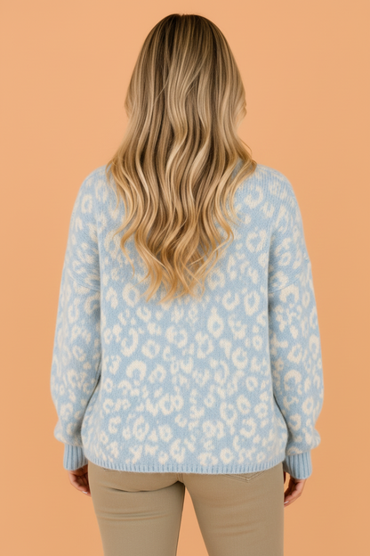 Light Blue Leopard Long Sleeve Open Front V-Neck Cardigan with leopard print women's boutique fashion