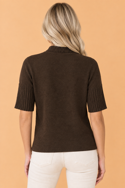 burgundy short sleeve turtleneck sweater with ribbed trim boutique knit top