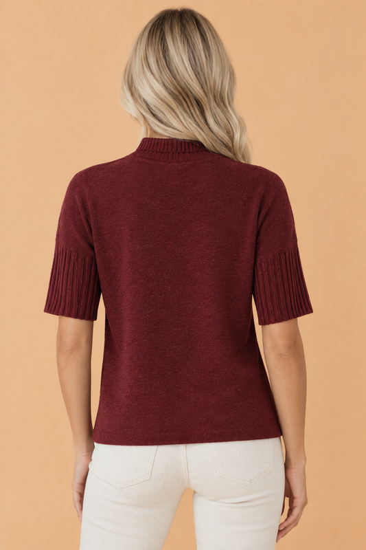 burgundy short sleeve turtleneck sweater with ribbed trim boutique knit top