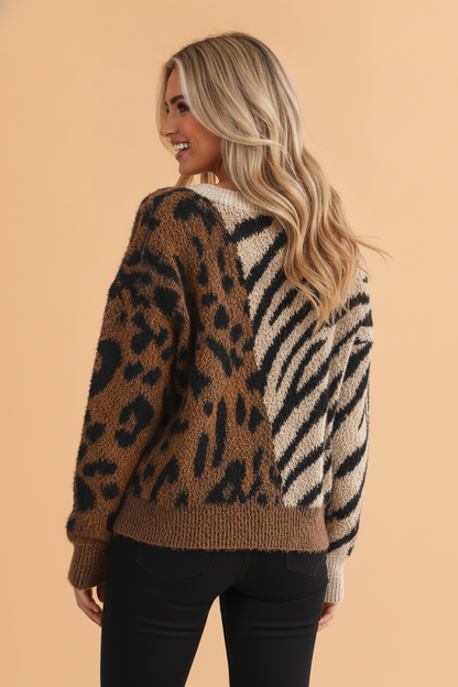 Coffee Western Leopard Zebra Patchwork Round Neck Sweater with leopard print and patchwork detail women's boutique fashion