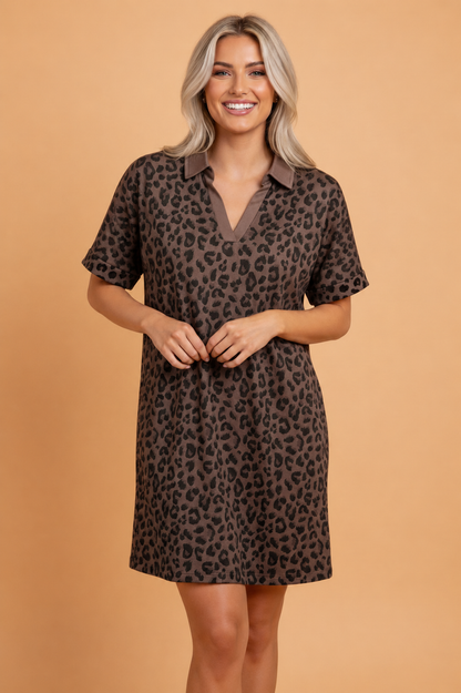 brown leopard contrast collar v-neck mini dress for women