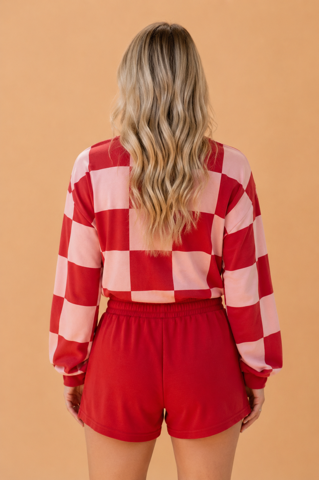 Khaki Checker Long Sleeve Top & Drawstring Shorts Set featuring boutique-style details and relaxed everyday fit