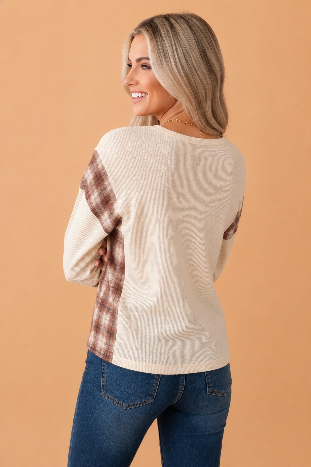 Beige Plaid Patchwork Waffle Knit V-Neck Long Sleeve Top with plaid detail and waffle knit texture women's boutique fashion