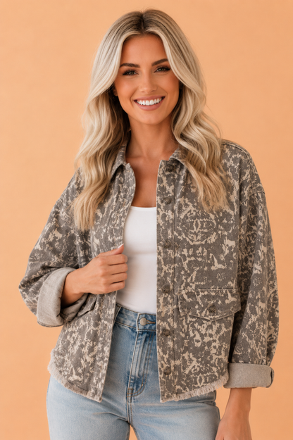 Khaki Abstract Denim Raw Hem Buttoned Collar Jacket with raw hem women's boutique fashion