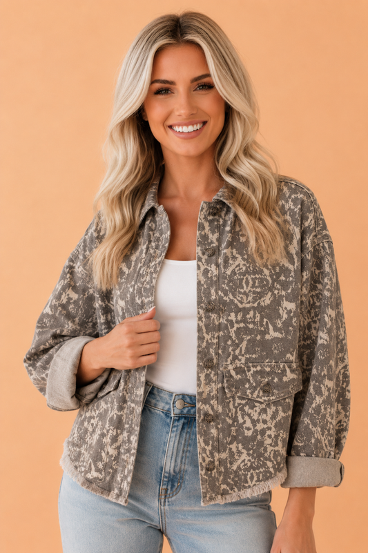 Khaki Abstract Denim Raw Hem Buttoned Collar Jacket with raw hem women's boutique fashion